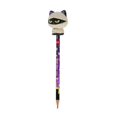 Lápis roxo com padrão de caveiras e borracha em forma de gato mumificado