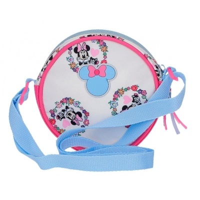 Bolsa redonda infantil com estampa Minnie Mouse e flores, alça azul clara e detalhe rosa.