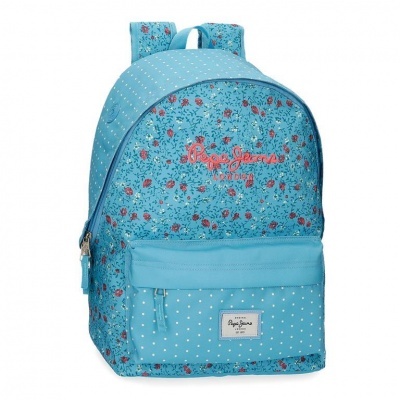 Mochila azul florido com bolso frontal e texto Pepe Jeans LONDON