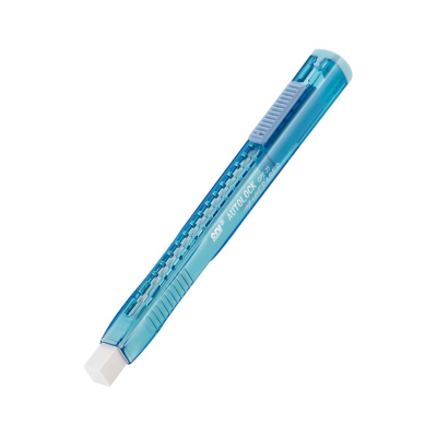 Estilete azul transparente com botão lateral e ponta branca