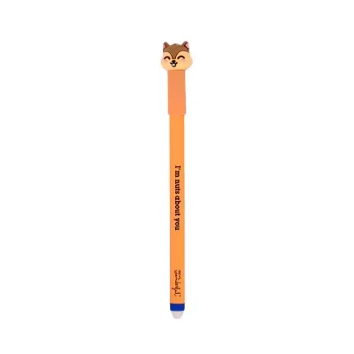 Caneta laranja com figura de esquilo sorridente e texto na haste