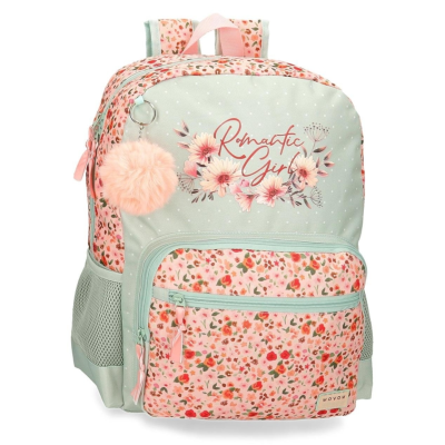 Mochila floral rosa e verde água com texto 'Romantic Girl' e pompom