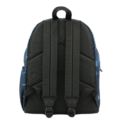 Mochila azul com padrão de linhas brancas e costas acolchoadas pretas