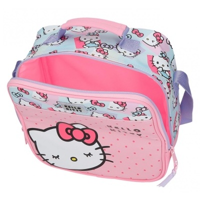 Mala rosa e azul com padrão Hello Kitty e texto HELLO KITTY