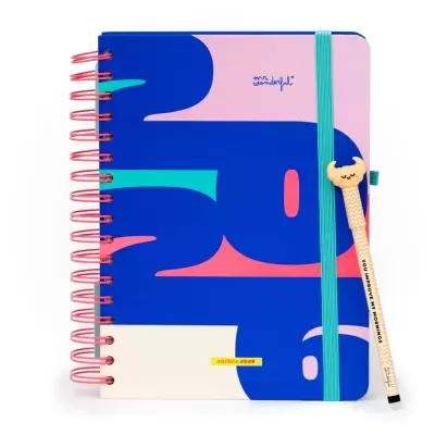 Agenda de anilhas coloridas com capa dura e lápis com mensagem e decoração de caranguejo