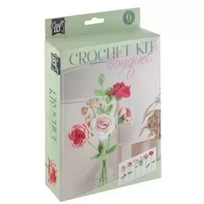 Caixa de kit de crochet para bouquet de flores com embalagem verde clara e imagem do bouquet de flores acabado.