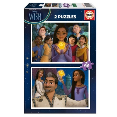 Caixa de dois puzzles Disney WISH com 48 peças cada, fundo azul estrelado