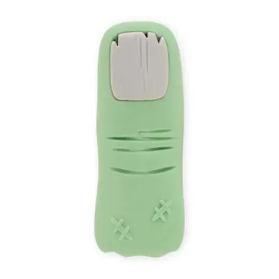 Brinquedo de silicone verde com unha cinzenta e detalhes desenhados