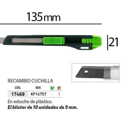 Estilete cortador preto e verde com recambio de lâmina em embalagem de plástico.
