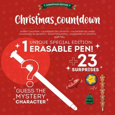 Imagem promocional de calendário do advento de Natal com texto na língua inglesa e outras línguas, fundo vermelho e elementos gráficos variados.