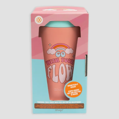 Caneca térmica reutilizável cor de pêssego com texto e embalagem colorida