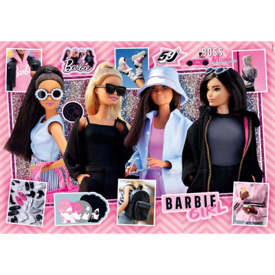 Caixa com quatro bonecas Barbie com roupas modernas e acessórios variados