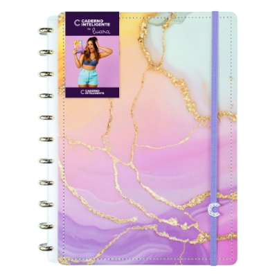 Caderno com capa colorida marmoreada em tons pastel e detalhes dourados com fecho elástico