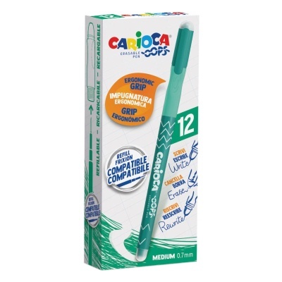 Embalagem de canetas apagáveis Carioca Cops verdes com texto e ilustrações em várias línguas