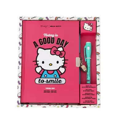 Conjunto diário pessoal Hello Kitty cor-de-rosa com caneta azul clara em caixa decorativa branca colorida