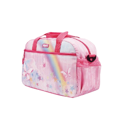Bolsa pequena rosa com asas, padrão de borboletas e arco-íris, texto GURPS no frontal.
