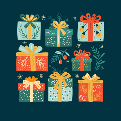 Caixas de presente coloridas com diferentes padrões e laços