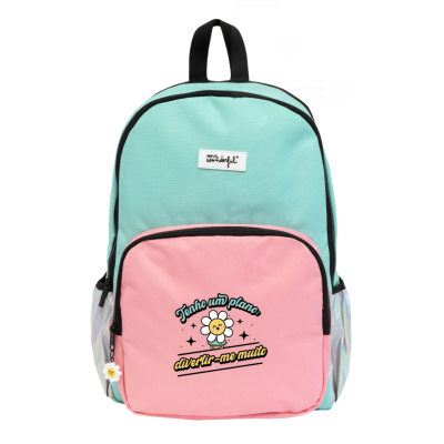 Mochila azul turquesa com bolso rosa e texto divertido