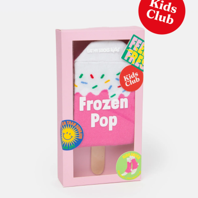 Meias coloridas dentro de caixa rosa com texto Frozen Pop e Kids Club