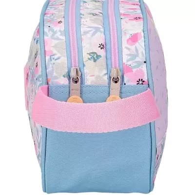 Necessaire quadrada azul com estampado floral e alça rosa