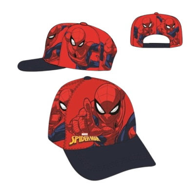 Boné vermelho e azul do Homem-Aranha com pala preta e texto Marvel Spiderman