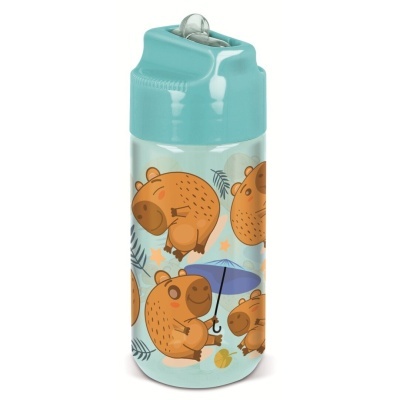 Garrafa infantil com padrão de ursos e tampa azul