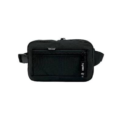 Bolsa de cintura preta da marca Gbus com bolso frontal e fechos