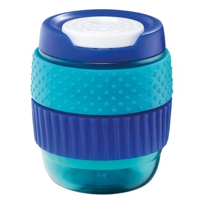 Triturador de ervas azul com detalhes em silicone e tampa branca