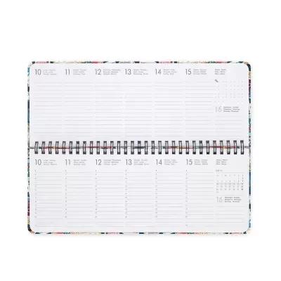 Agenda semanal aberta com dias de 10 a 16 em encadernação espiral e moldura colorida