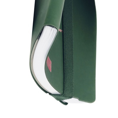 Livro verde capa dura com faixa elástica e marcador vermelho