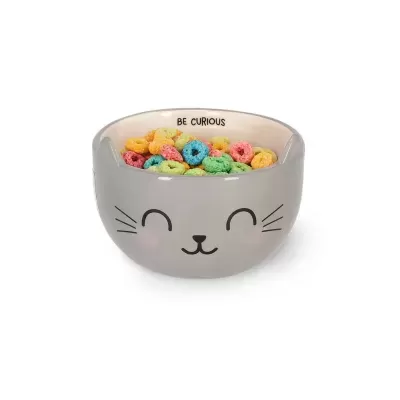 Tigela cinzenta com rosto de gato e cereais coloridos