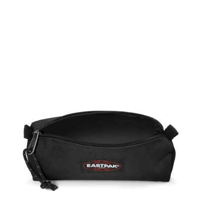 Estojo escolar preto Eastpak com fecho de correr aberto em fundo branco