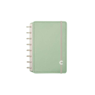 Caderno verde-menta com fecho elástico e argolas de encadernação