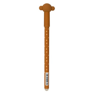 Caneta de tinta gel castanha com tampa em forma de cabeça de macaco e corações brancos no corpo.