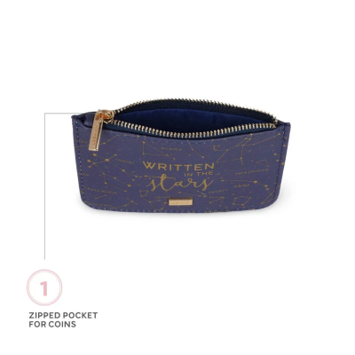 Estojo azul escuro com fecho e constelações douradas