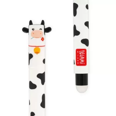 Caneta branca com manchas pretas estilo vaca com figura de vaca na tampa e etiqueta Legami Milano