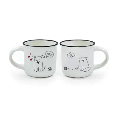 Duas canecas de cerâmica brancas com ilustrações de cão e gato e textos WOOF e WTF