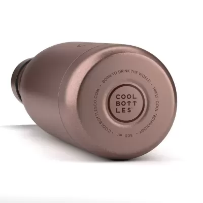 Garrafa térmica metálica rosa com texto na base e logótipo COOL BOTTLES.