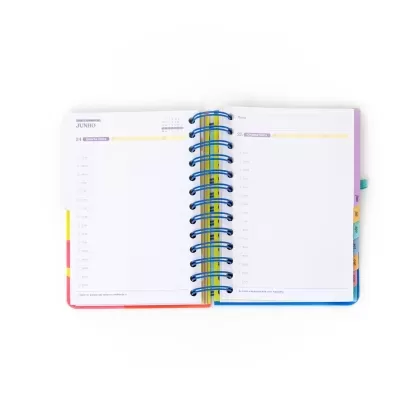 Agenda diária aberta de junho com encadernação espiral azul e abas coloridas.