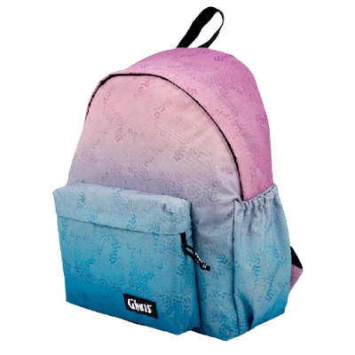 Mochila gradiente rosa, lilás e azul com bolso frontal e etiqueta Gibus