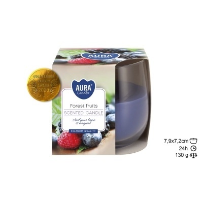 Vela aromática Aura Forest fruits em vidro roxo com embalagem colorida e selo de qualidade
