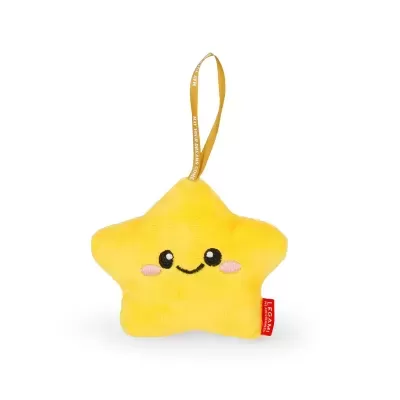 Mini peluche estrela amarelo sorrindo com fita e etiqueta LEGAMI