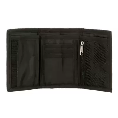 Carteira preta aberta com vários compartimentos e bolsos