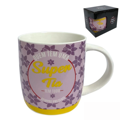 Caneca lilás com texto 