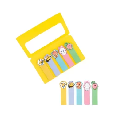 Clips de papel adesivos coloridos com desenhos de animais e flores numa base amarela