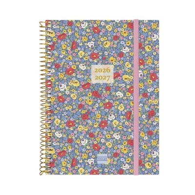 Agenda espiral floral azul com elástico rosa e texto 2026 2027