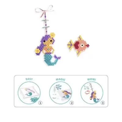 Conjunto de miçangas para fazer sereia e peixe em cores roxa, azul, amarela e vermelha