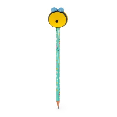 Lápis decorativo azul com padrão floral e borracha de abelha amarela