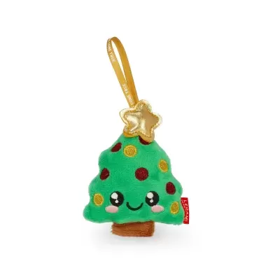 Peluche árvore de Natal verde com decoração, rosto sorridente e estrela dourada para pendurar