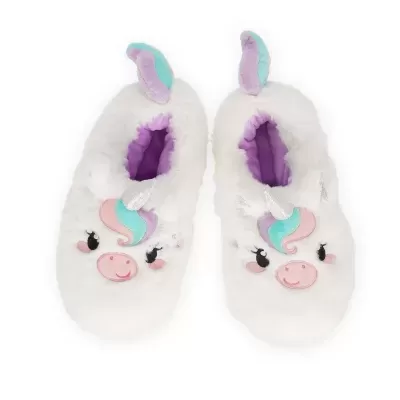 Pantufas de peluche brancas com rosto de unicórnio colorido